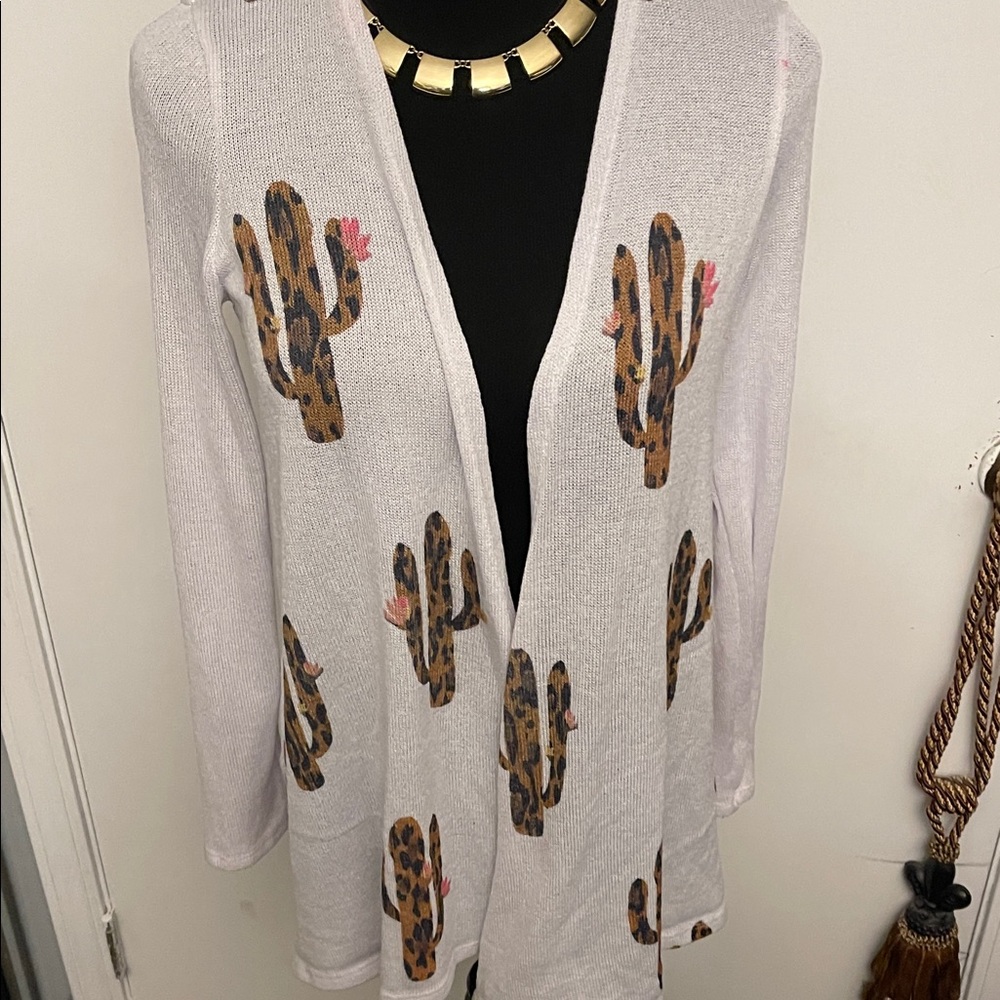 White Cardigan with Leopard Cactus Print